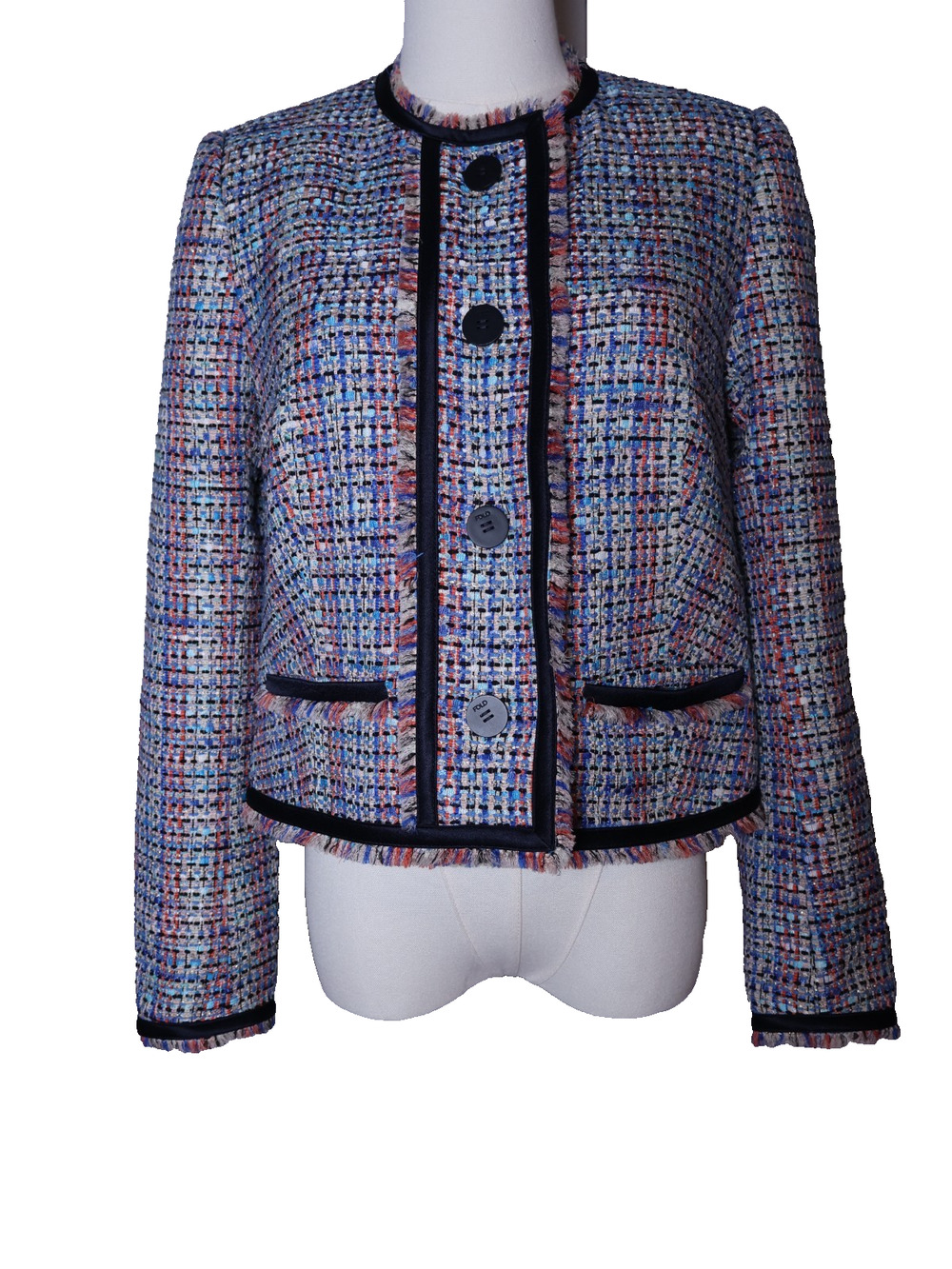 The Fold London Cropped Spring Tweed Fringe Trim Multicolor Jacket Blazer Sz US4